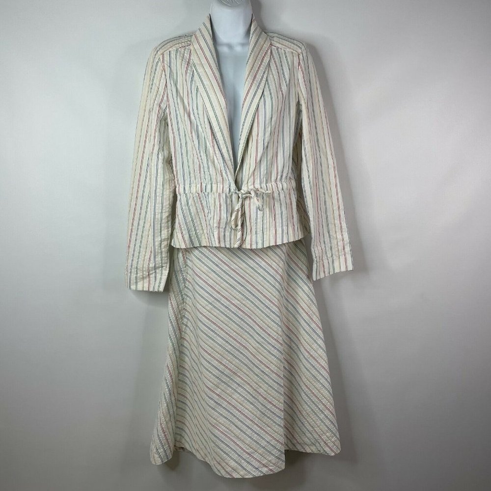 Vintage 70s MJ White Seersucker Primary Color Striped Jacket Wrap Skirt …